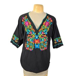 JR Palacios Mexican Embroidered Blouse Womens XL Black Cotton Floral V-Neck Top